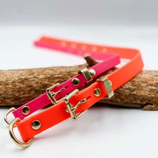 Pink and Orange Biothane Dog Collar - Custom made by Kinfolk Leather with hand stamped nameplate