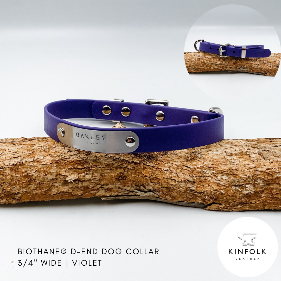 Purple Violet Biothane Dog Collar - Custom made by Kinfolk Leather with hand stamped nameplate