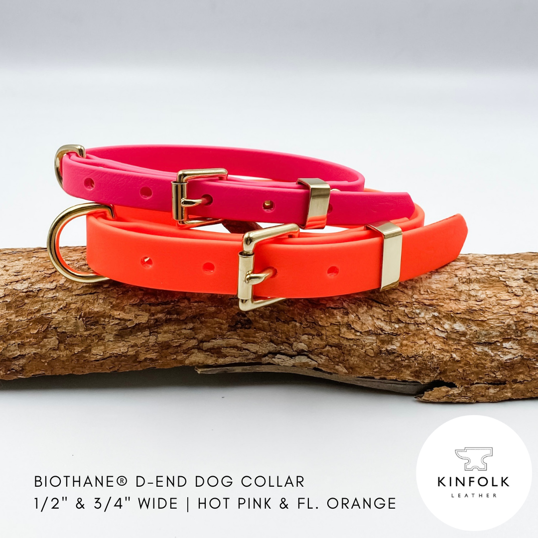 Two D End Dog Collars custom made from BioThane by Kinfolk Leather