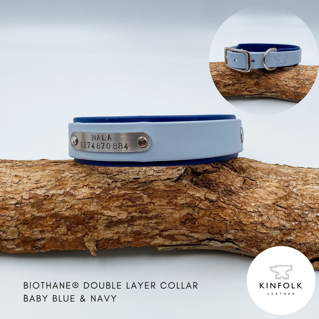 Waterproof BioThane Double Layered Collar with handstamped nameplate. Handmade by Kinfolk Leather in NZ