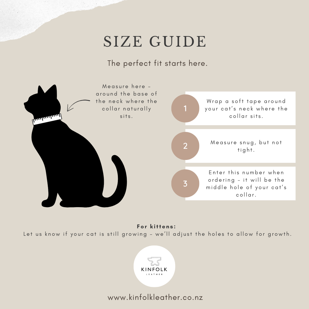 Cat size guide for collar measurement with Kinfolk Leather branding