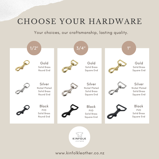 Custom Dog Lead Hardware Options - Custom Dog Collars and Leads made in NZ by Kinfolk Leather