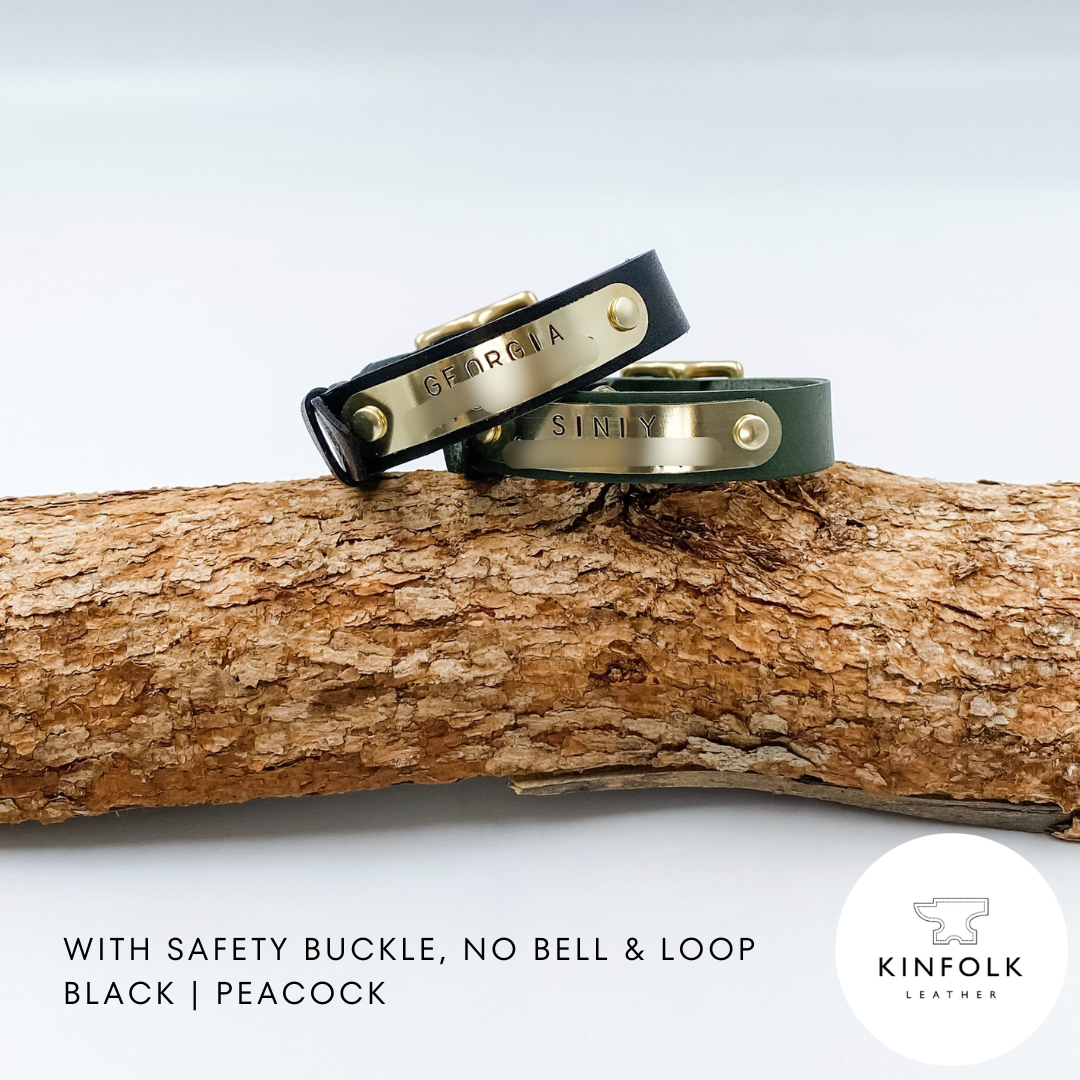 Custom Leather Cat Collars with nameplate - Black and Green - made in NZ by Kinfolk Leather