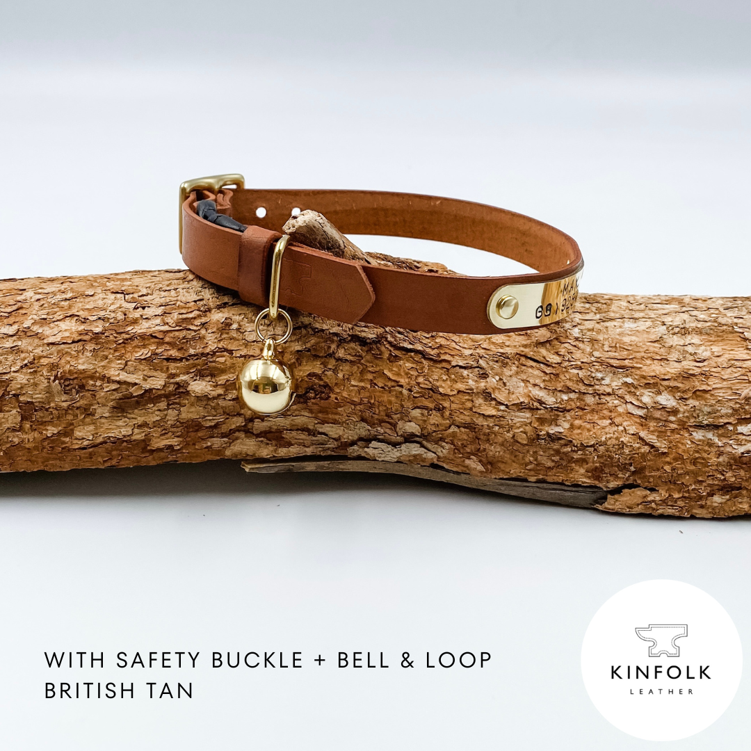 Custom Leather Cat Collar with nameplate - British Tan - made in NZ by Kinfolk Leather