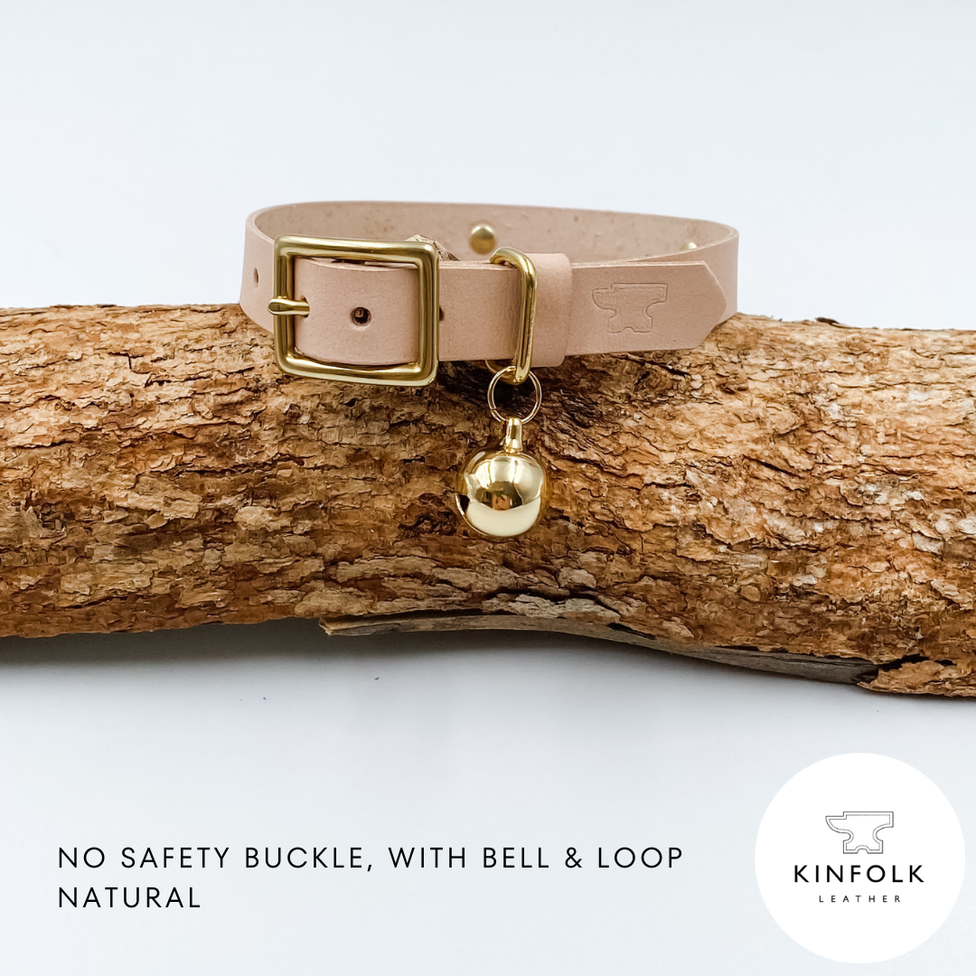 Custom Leather Cat Collar with nameplate - Natural Nude Beige - made in NZ by Kinfolk Leather