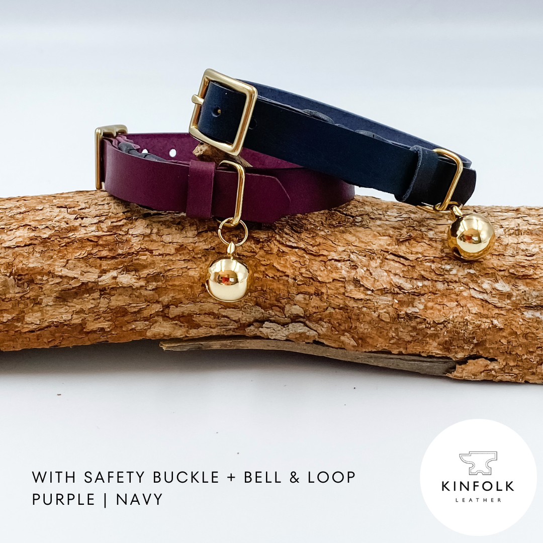 Custom Leather Cat Collars with nameplate - Purple and Navy - made in NZ by Kinfolk Leather
