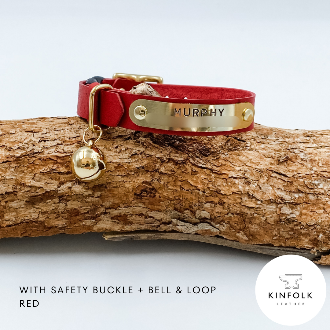 Custom Leather Cat Collar with nameplate - Red - made in NZ by Kinfolk Leather