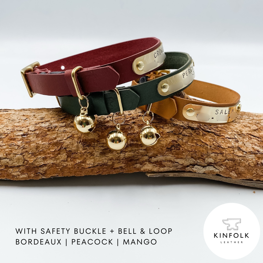 Custom Leather Cat Collars with nameplate - Purple Green Tan Yellow - made in NZ by Kinfolk Leather