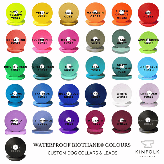 Waterproof Biothane Colour Selection for Custom Dog Collars with Handstamped Nameplate - Made in New Zealand by Kinfolk Leather