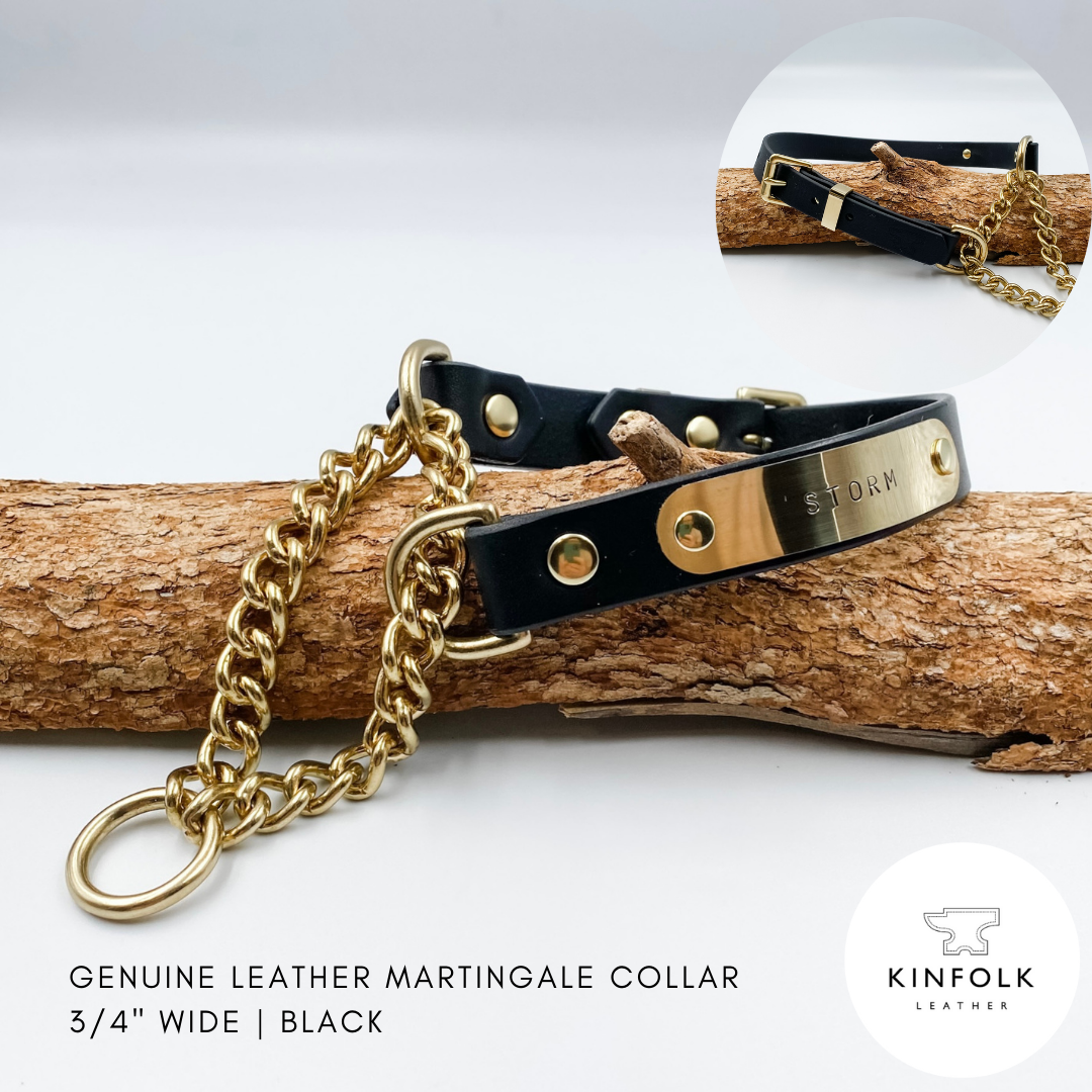 Black leather martingale collar with gold chain on a wooden branch, featuring the brand 'KINFOLK Leather'.