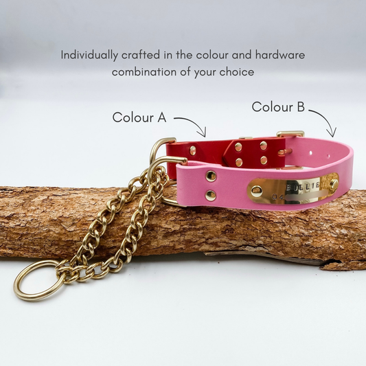 Genuine Leather Martingale or Half Check Dog Collar with brass nameplate - Custom Made in NZ by Kinfolk Leather - Pink and Red