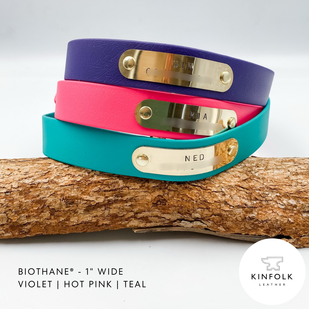 Waterproof BioThane Dog Collars - Custom Made in NZ by Kinfolk Leather - Purple Pink and Green