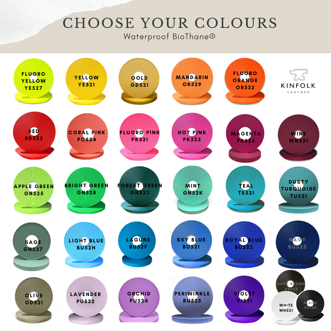 Waterproof Biothane Colour Selection for Custom Dog Leads with Handstamped Nameplate - Made in New Zealand by Kinfolk Leather