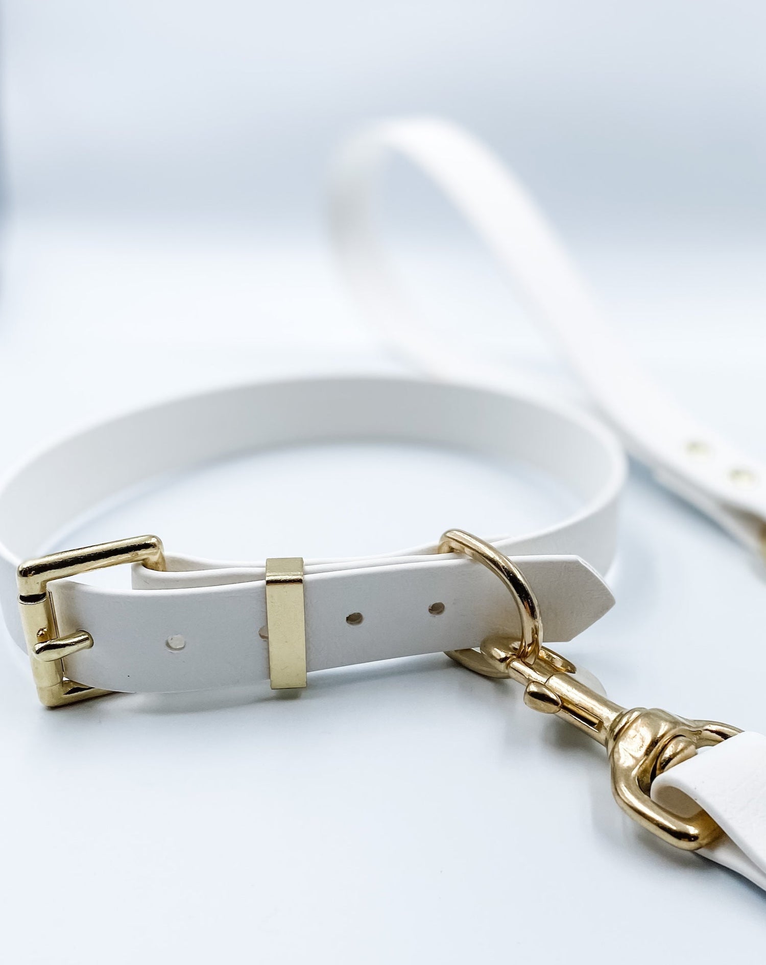 White and Brass Waterproof BioThane Custom Dog Collar & Lead Set - made in NZ by Kinfolk Leather
