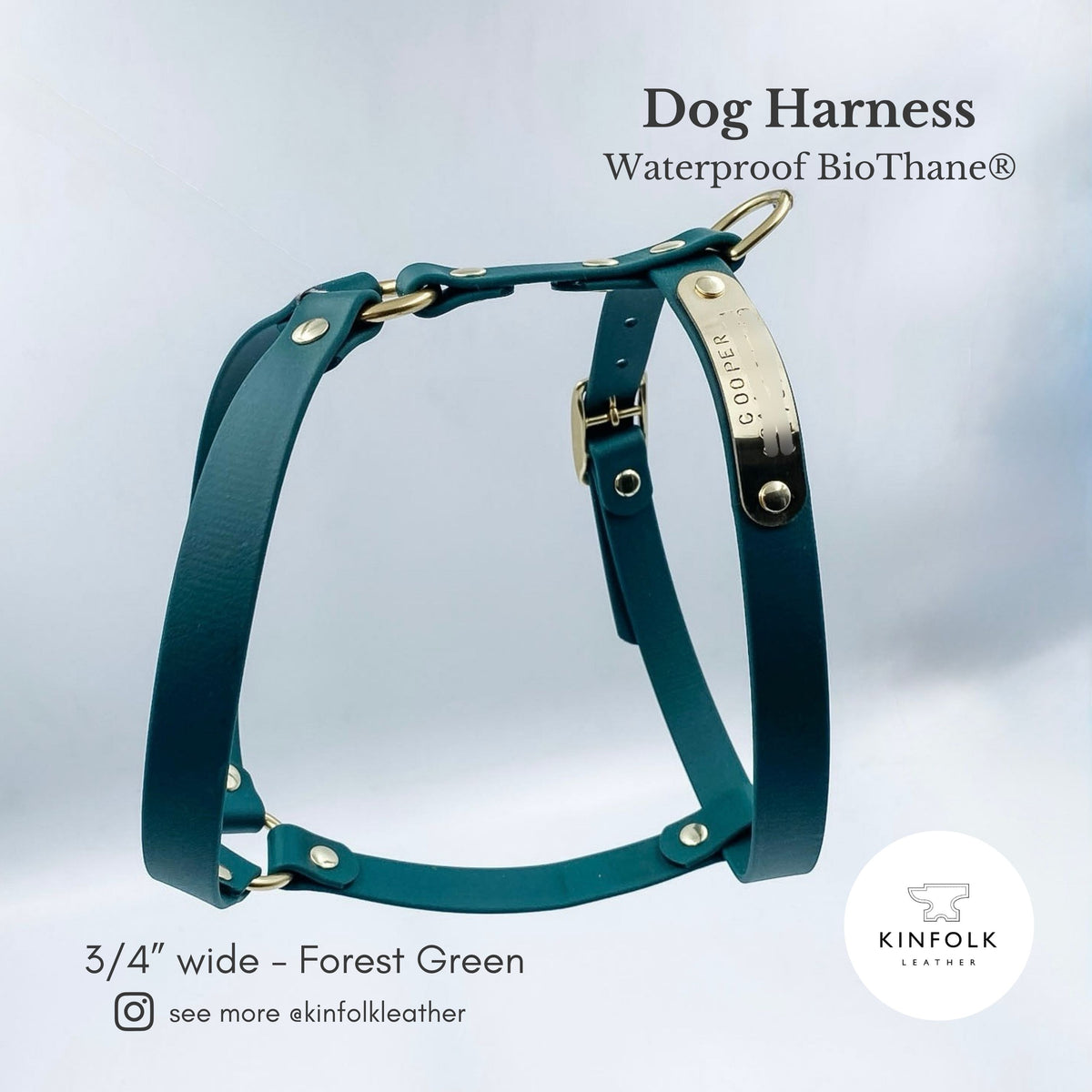 Waterproof dog harness made from forest green biothane with brass buckle and nameplate