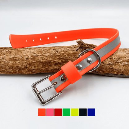 Orange reflective BioThane dog collar with silver hardware, handmade by Kinfolk Leather NZ