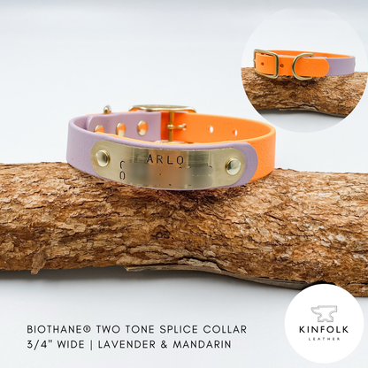 Two-tonesplice collar in lavender and Mandarin on a wooden branch with Kinfolk Leather logo.