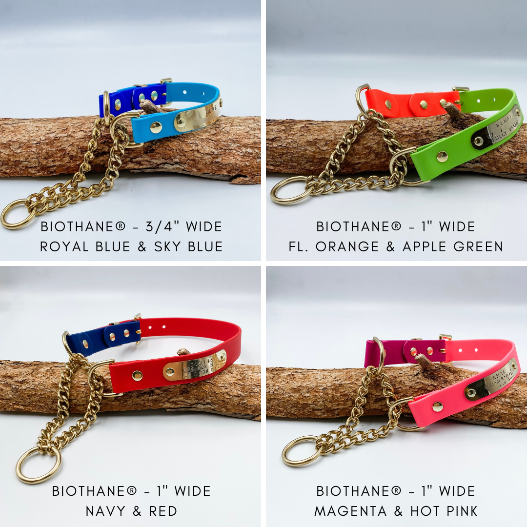 Custom Martingale Dog Collars in waterproof Biothane. Made in NZ by Kinfolk Leather.