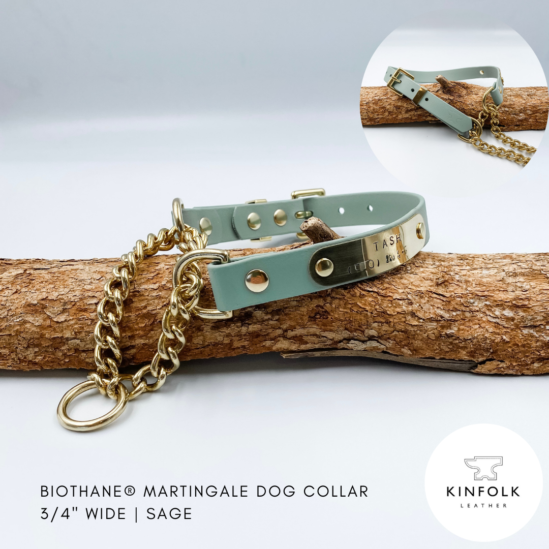 Sage green martingale dog collar with gold chain on a wooden log, featuring Kinfolk Leather branding.