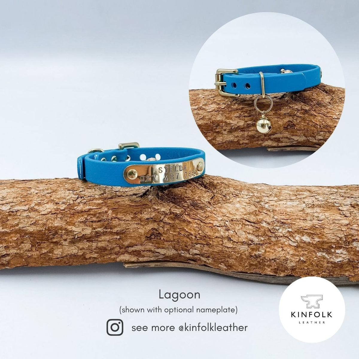 Lagoon blue BioThane cat collar with gold brass hardware, buckle and removable bell, with close-up detail.