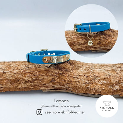Lagoon blue BioThane cat collar with gold brass hardware, buckle and removable bell, with close-up detail.
