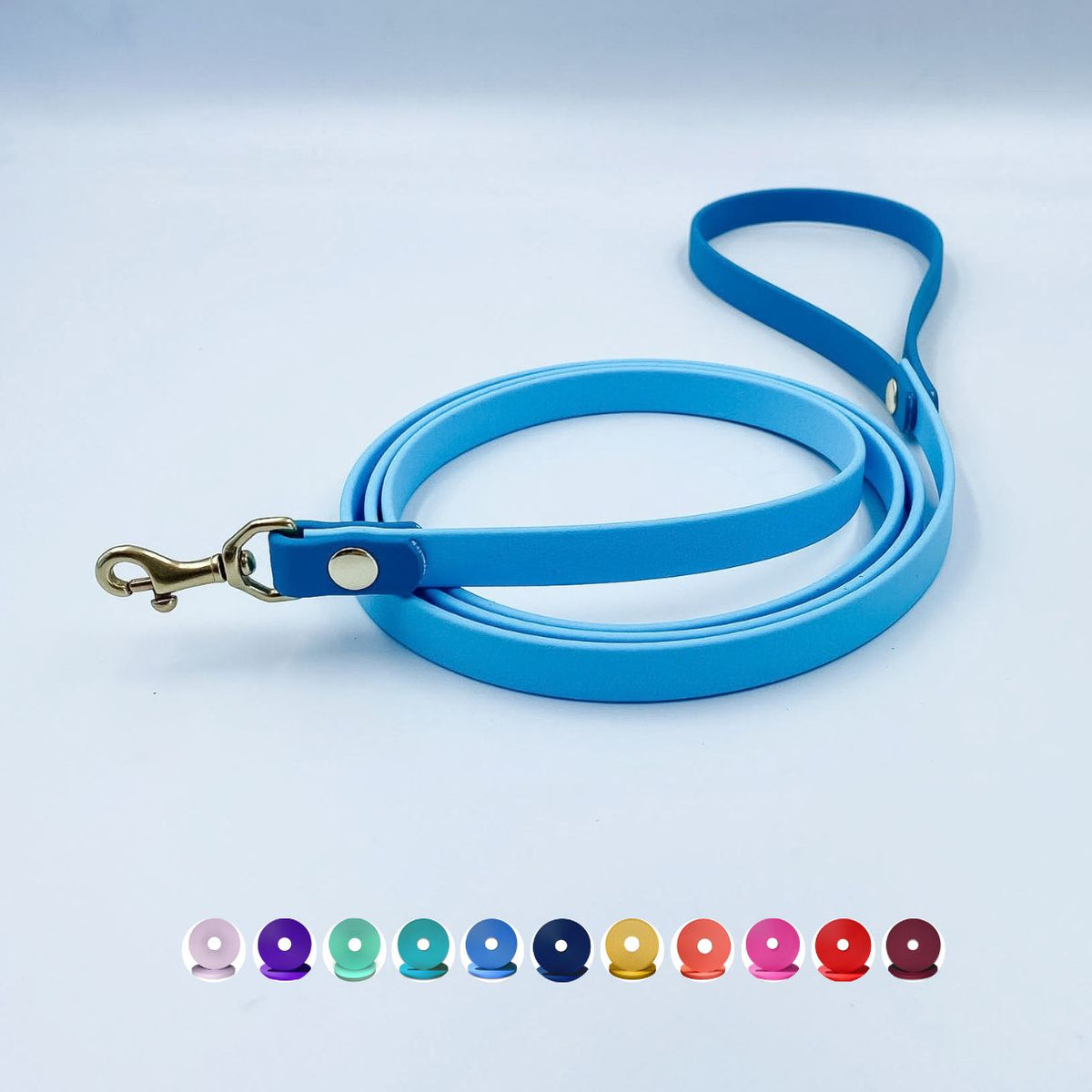 Lagoon blue BioThane cat lead with lightweight brass swivel clip and handle loop, handmade in New Zealand.