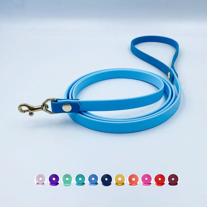 Lagoon blue BioThane cat lead with lightweight brass swivel clip and handle loop, handmade in New Zealand.