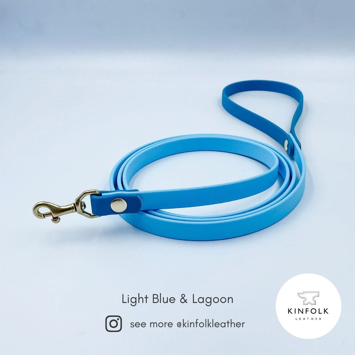 Lagoon blue BioThane cat lead showing its 1.5 metre finished length and lightweight brass clip.
