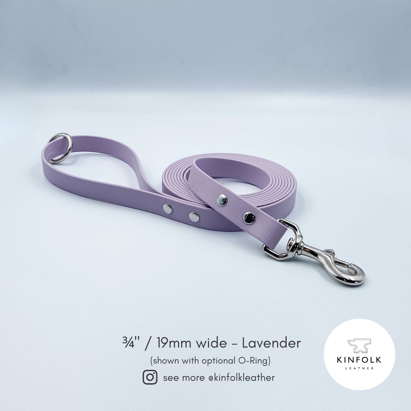 Lavender ¾ inch BioThane® long line dog lead with silver hardware and floating O-ring