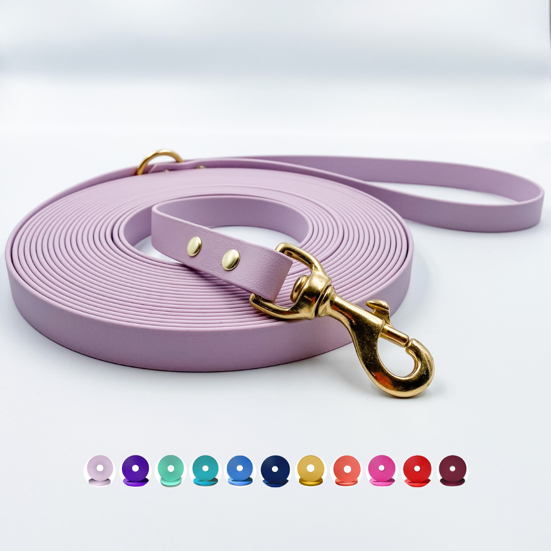 purple long line dog lead in waterproof biothane and brass - handmade in NZ by Kinfolk Leather