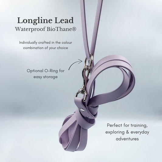 Lavender BioThane® long line dog lead showing optional floating O-ring for easy storage