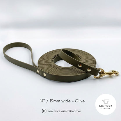 Olive BioThane® long line dog lead with gold solid brass hardware