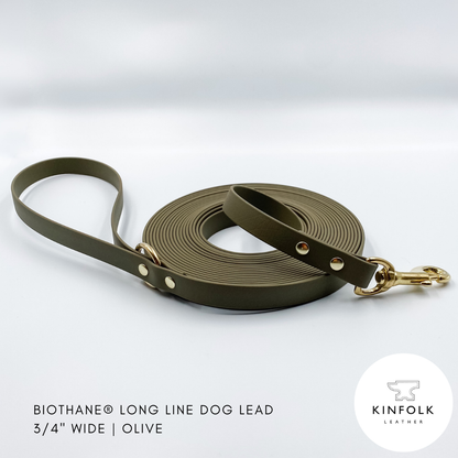 Olive Green long line dog lead in waterproof biothane and brass - handmade in NZ by Kinfolk Leather