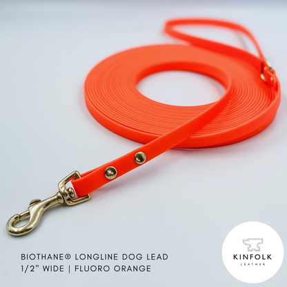 Fluoro highlighter bright Orange long line dog lead in waterproof biothane and brass - handmade in NZ by Kinfolk Leather