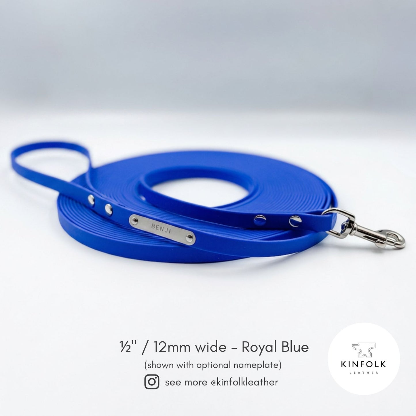 Royal blue ½ inch BioThane® long line dog lead with personalised nameplate