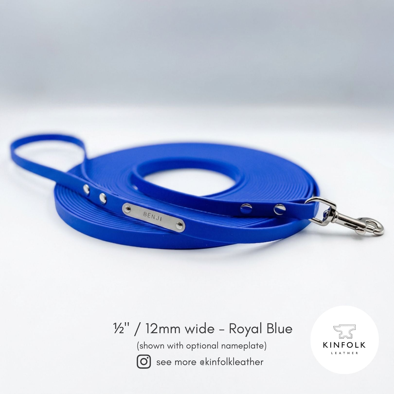 Royal blue ½ inch BioThane® long line dog lead with personalised nameplate
