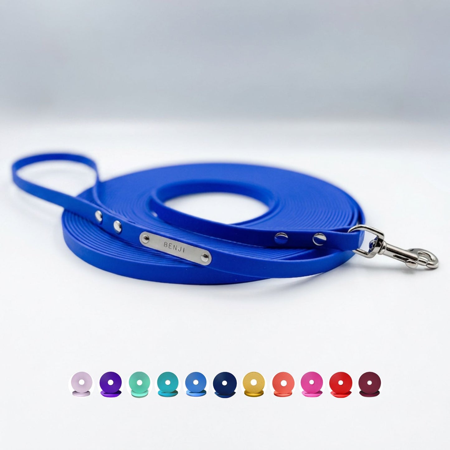 Royal blue BioThane® long line dog lead with handle and silver solid brass hardware