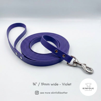 Violet BioThane® long line dog lead with silver solid brass hardware