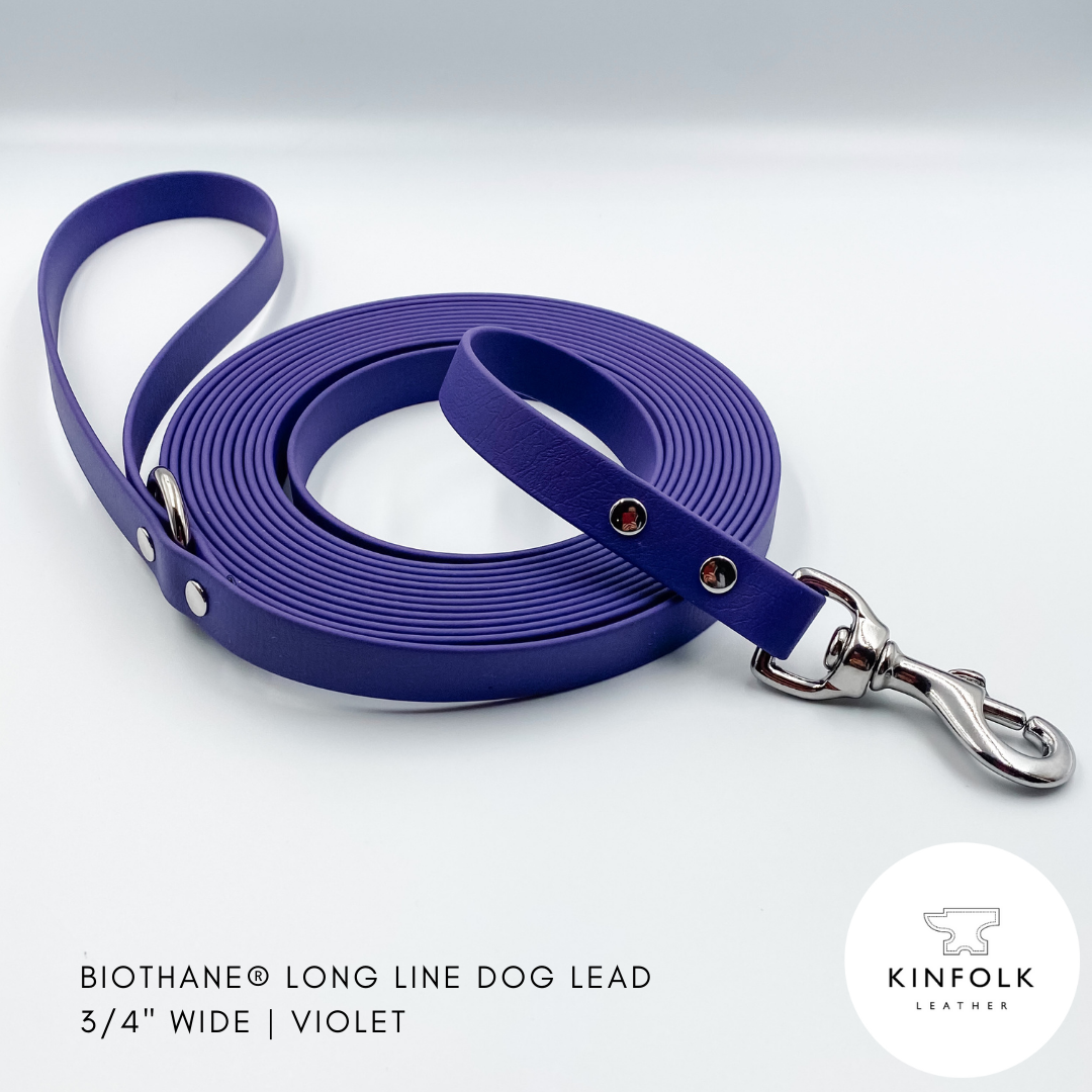 Violet Purple long line dog lead in waterproof biothane and brass - handmade in NZ by Kinfolk Leather
