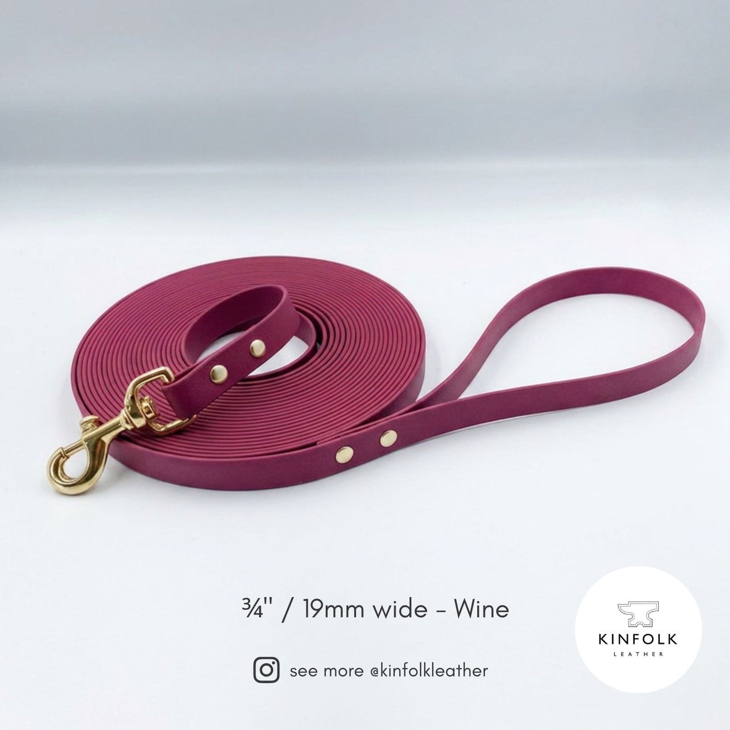 Wine BioThane® long line dog lead with gold solid brass hardware