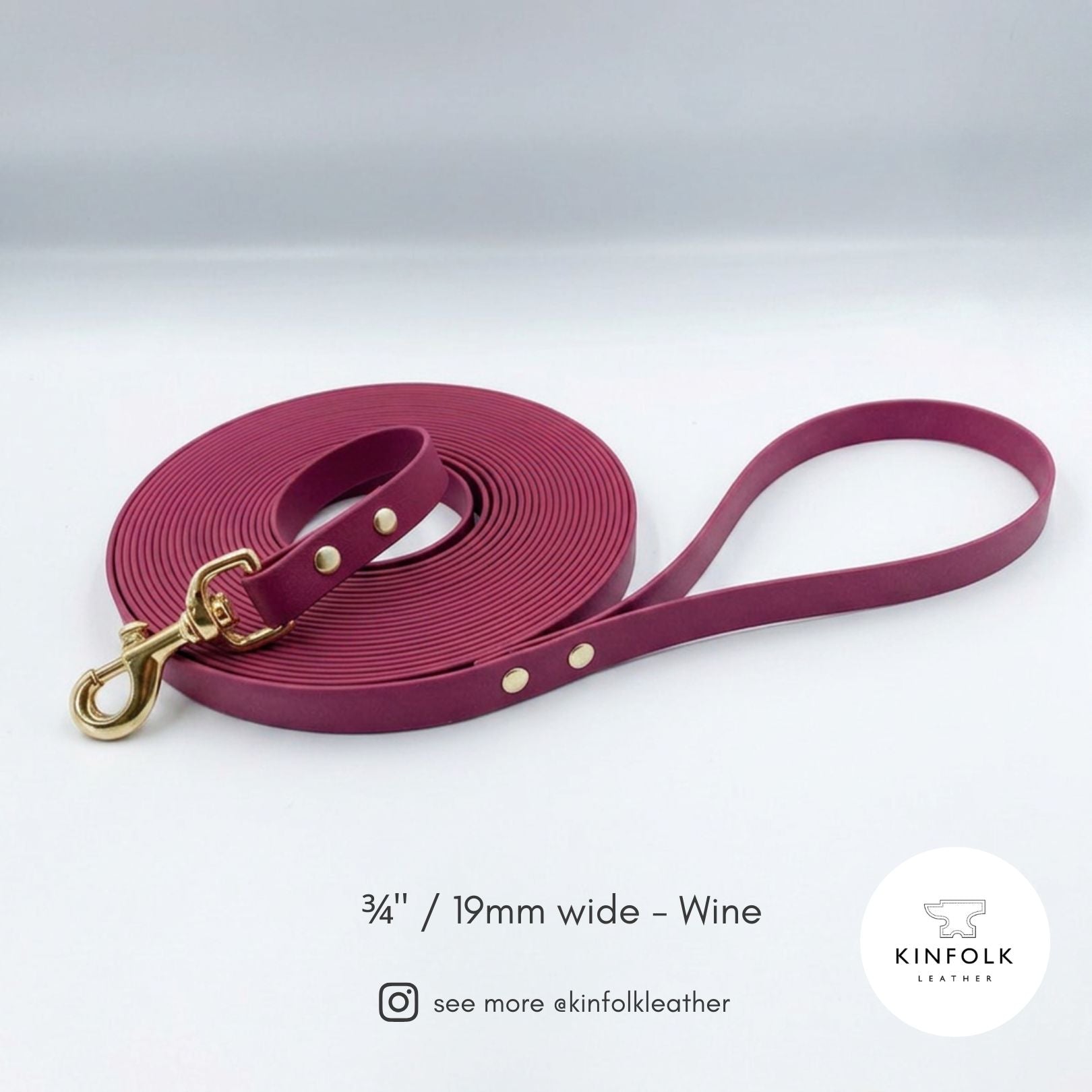 Wine BioThane® long line dog lead with gold solid brass hardware