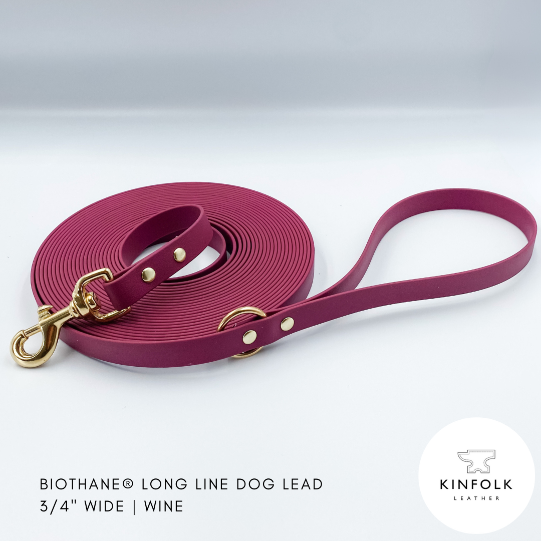 Wine Purple long line dog lead in waterproof biothane and brass - handmade in NZ by Kinfolk Leather