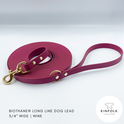 Wine Purple long line dog lead in waterproof biothane and brass - handmade in NZ by Kinfolk Leather