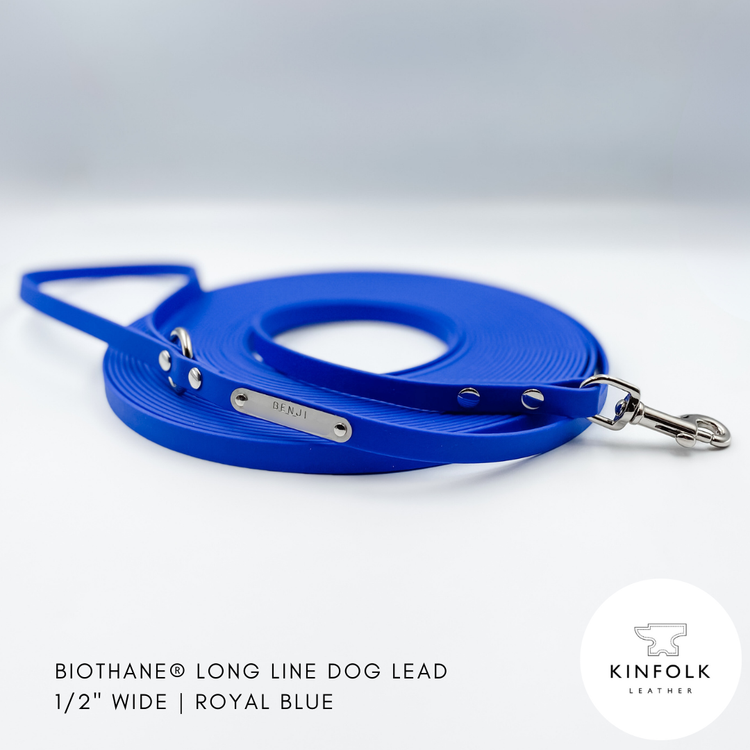 Blue long line dog lead in waterproof biothane and brass - handmade in NZ by Kinfolk Leather