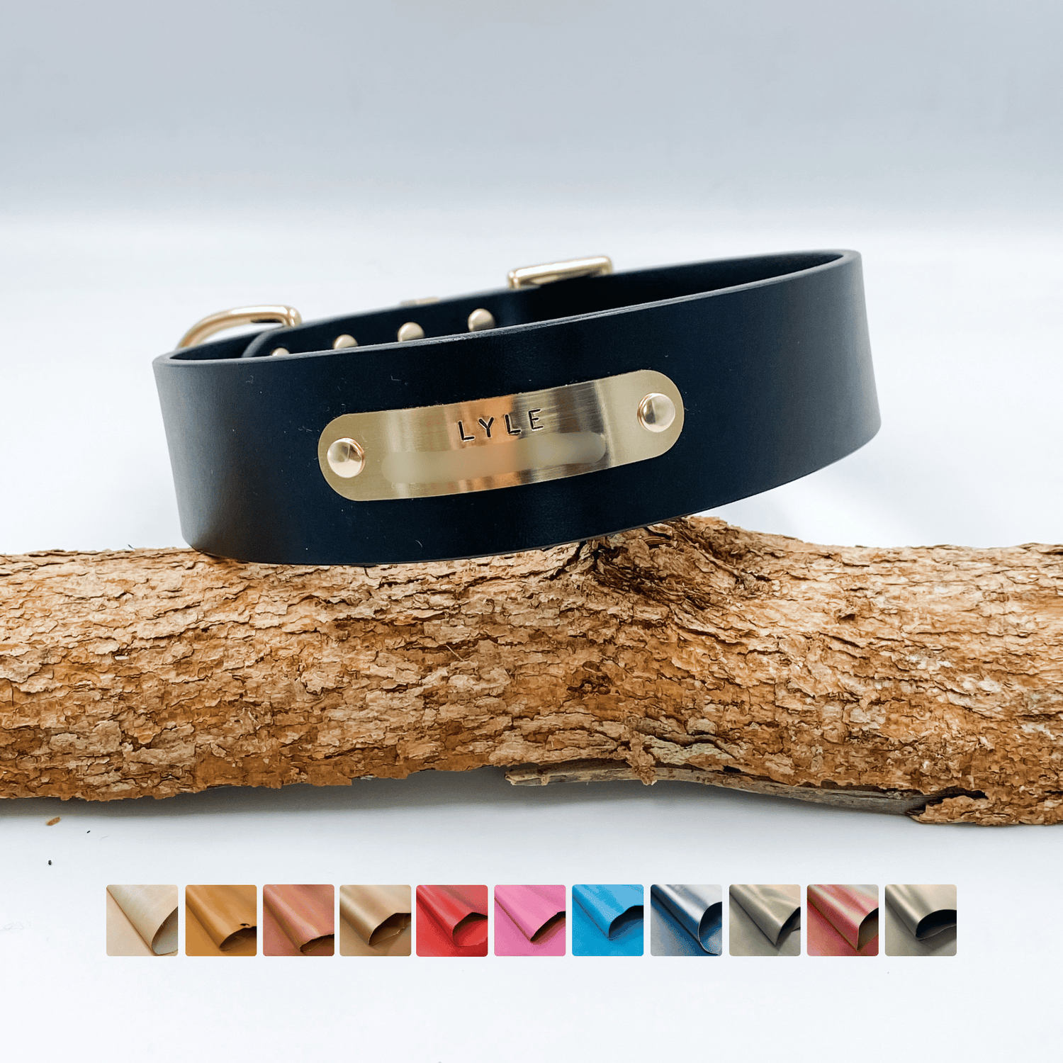 Black Leather Dog Collar with handstamped brass nameplate - custom made in New Zealand by Kinfolk Leather