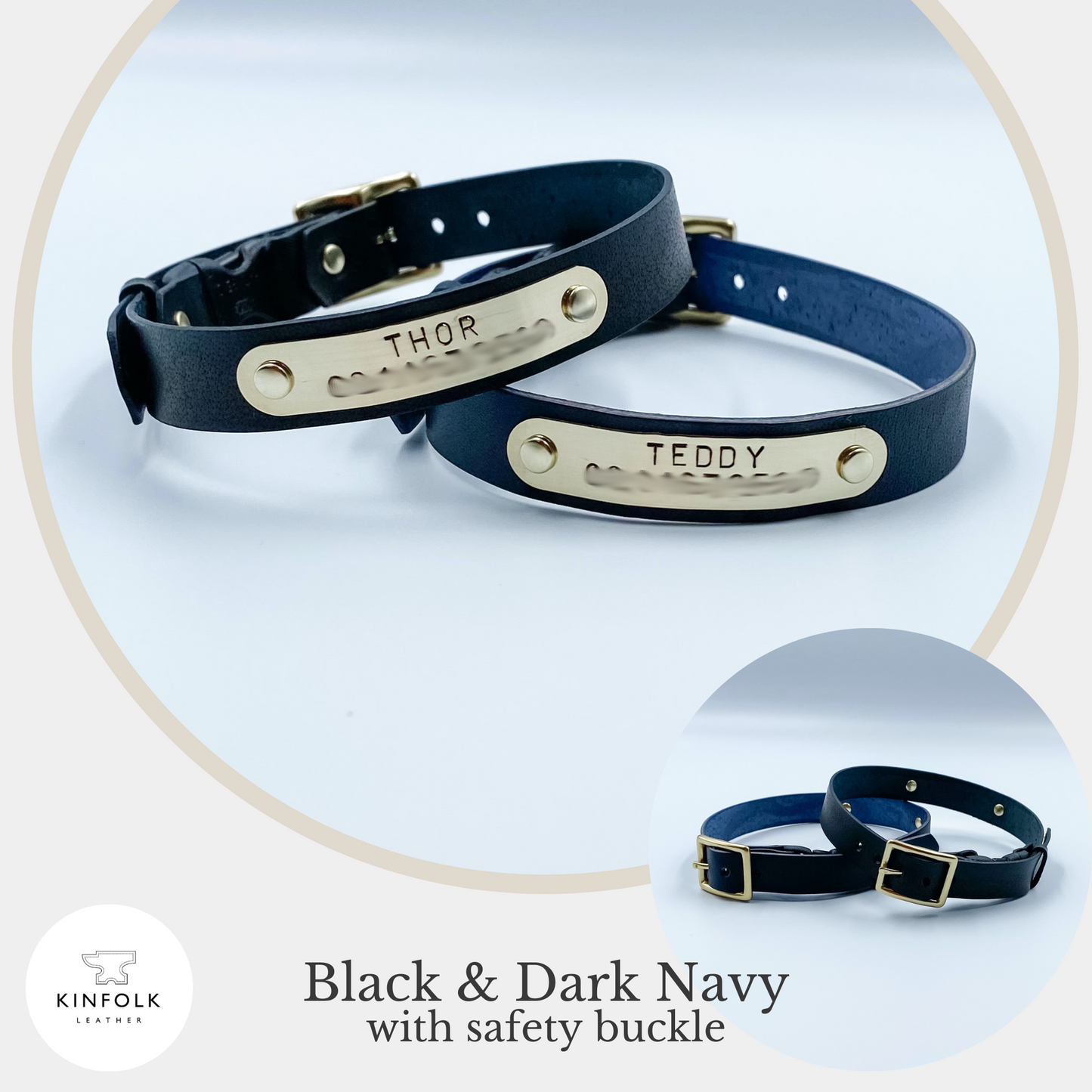 Custom Cat Collar with nameplate - Black and Dark Navy - made in NZ by Kinfolk Leather