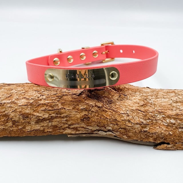 Pink dog collar with gold hardware on a wooden log against a white background