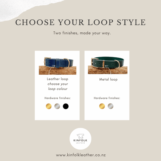 Buckle style selection chart for leather products with Kinfolk Leather branding.