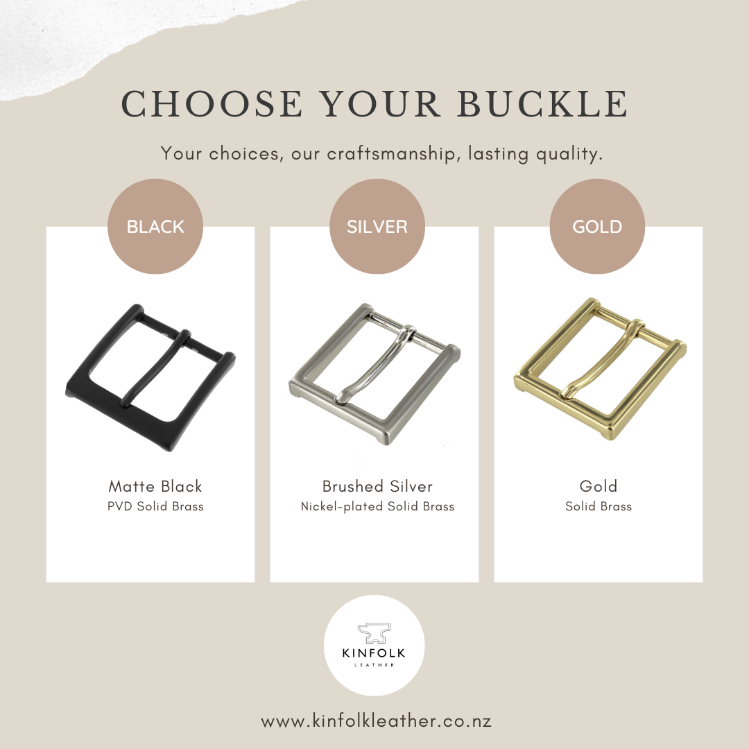 Buckle selection chart with black, silver, and gold options on a beige background.