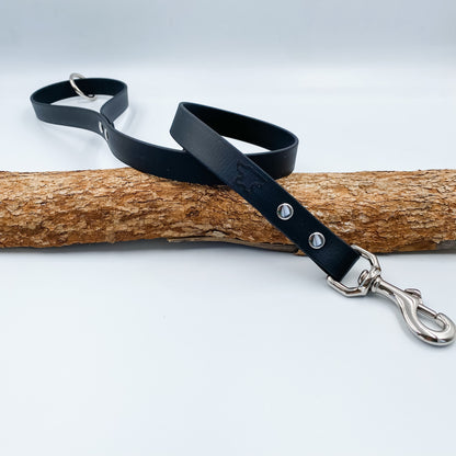 Black leather dog leash with silver clasp on a wooden branch against a light gray background